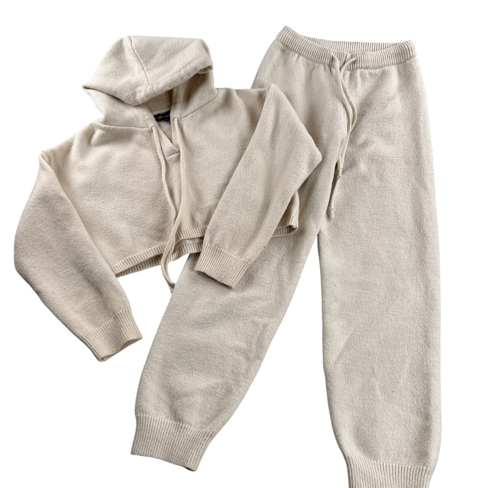 Triple Seven Knit Cropped Hoodie Jogger Set L Beige Women Sweater Loungewear